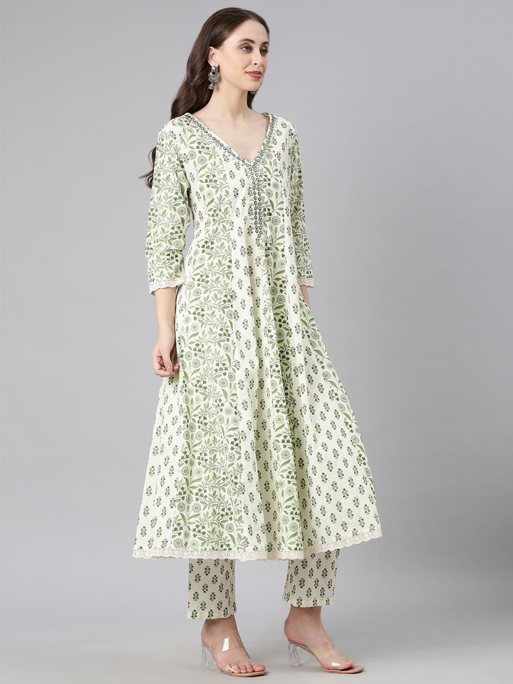 Neerus Green Printed Anarkali Kurta and Trousers With Dupatta