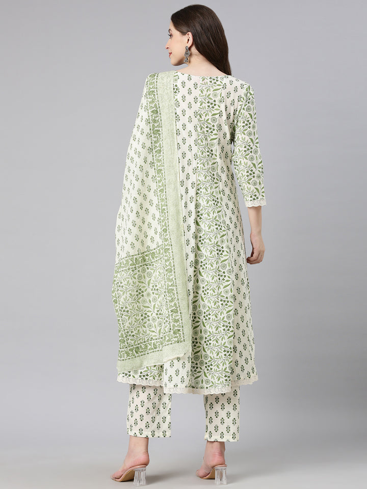 Neerus Green Printed Anarkali Kurta and Trousers With Dupatta