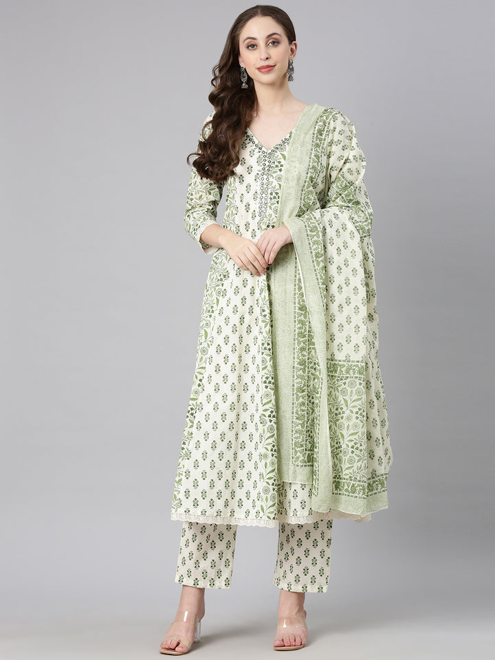 Neerus Green Printed Anarkali Kurta and Trousers With Dupatta