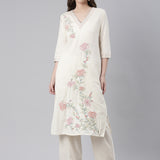 Neerus Cream Embroidered Straight Kurta and Trousers