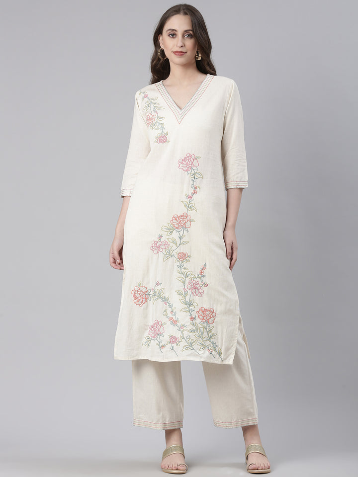 Neerus Cream Embroidered Straight Kurta and Trousers