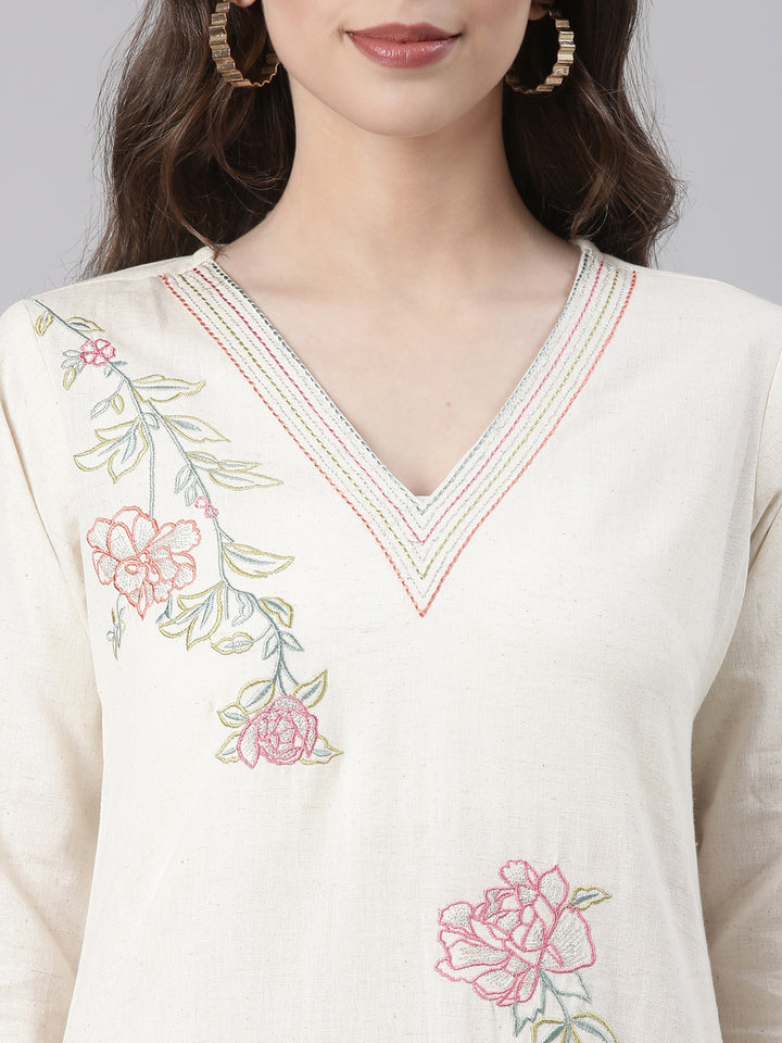 Neerus Cream Embroidered Straight Kurta and Trousers