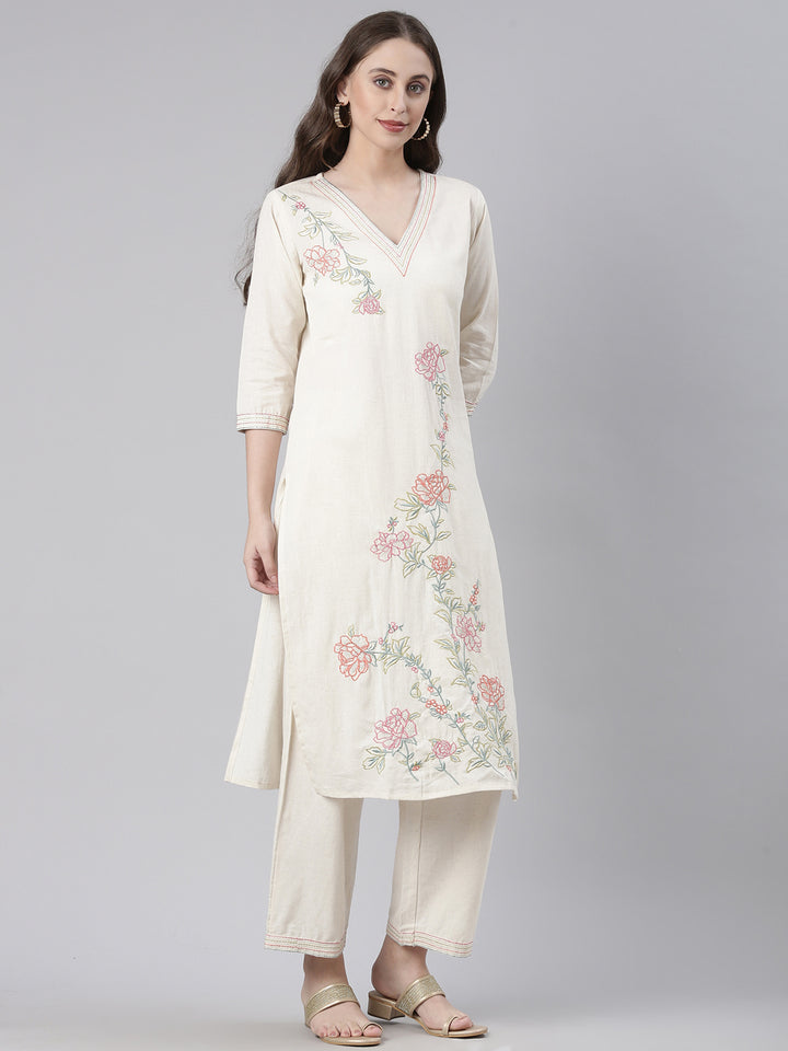 Neerus Cream Embroidered Straight Kurta and Trousers
