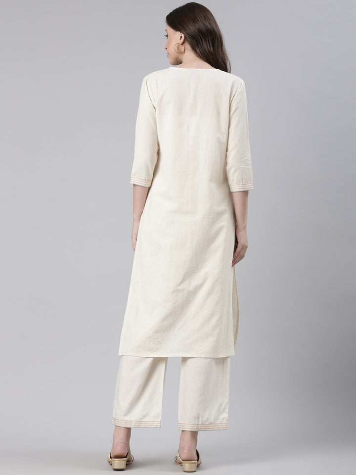 Neerus Cream Embroidered Straight Kurta and Trousers