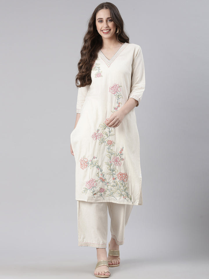 Neerus Cream Embroidered Straight Kurta and Trousers