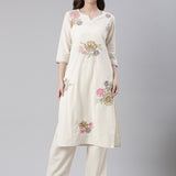 Neerus Cream Embroidered Straight Kurta and Trousers