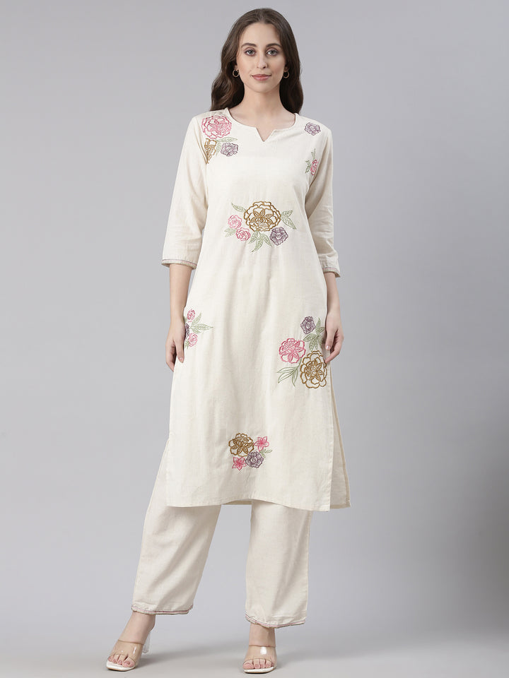 Neerus Cream Embroidered Straight Kurta and Trousers