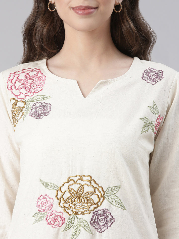 Neerus Cream Embroidered Straight Kurta and Trousers