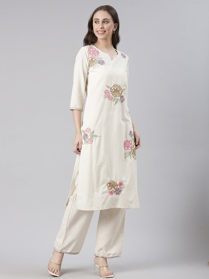 Neerus Cream Embroidered Straight Kurta and Trousers
