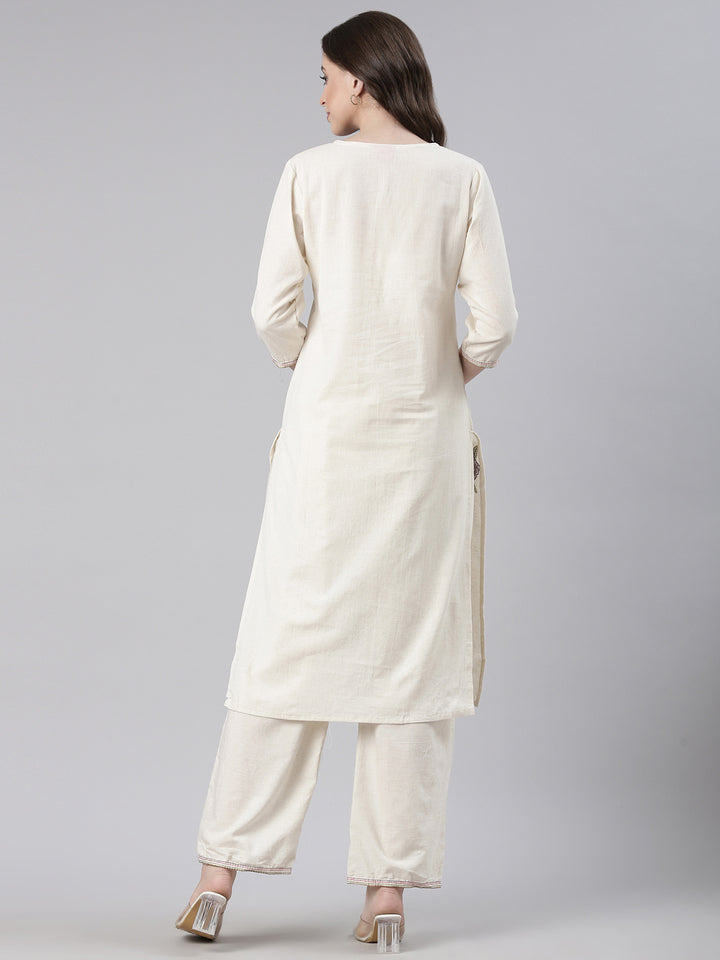 Neerus Cream Embroidered Straight Kurta and Trousers