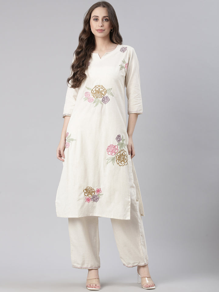 Neerus Cream Embroidered Straight Kurta and Trousers