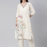 Neerus Cream Embroidered Straight Kurta and Trousers