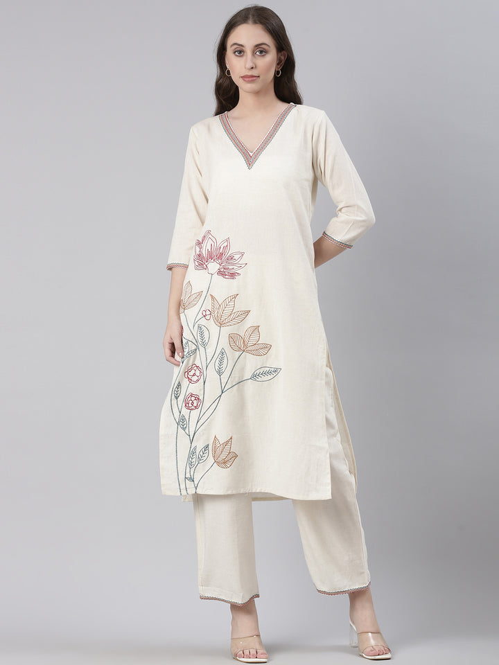 Neerus Cream Embroidered Straight Kurta and Trousers