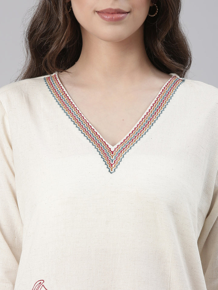 Neerus Cream Embroidered Straight Kurta and Trousers