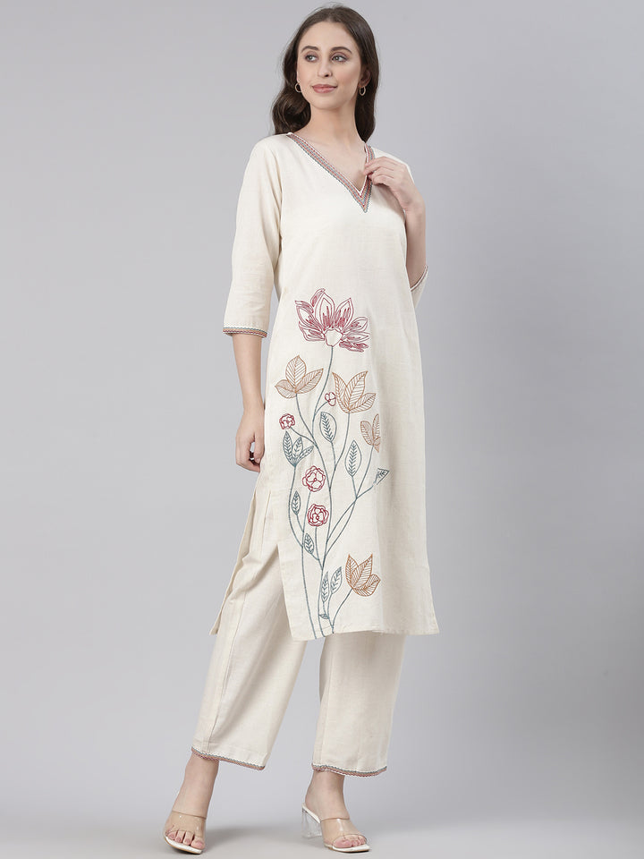 Neerus Cream Embroidered Straight Kurta and Trousers