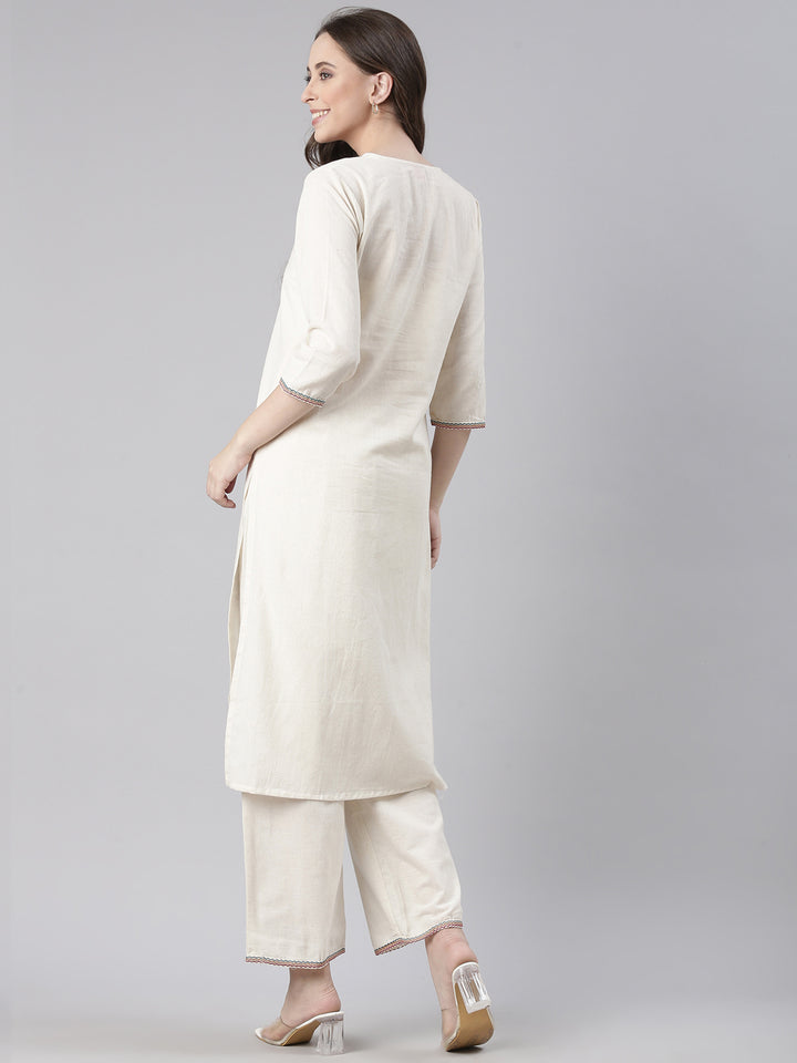 Neerus Cream Embroidered Straight Kurta and Trousers