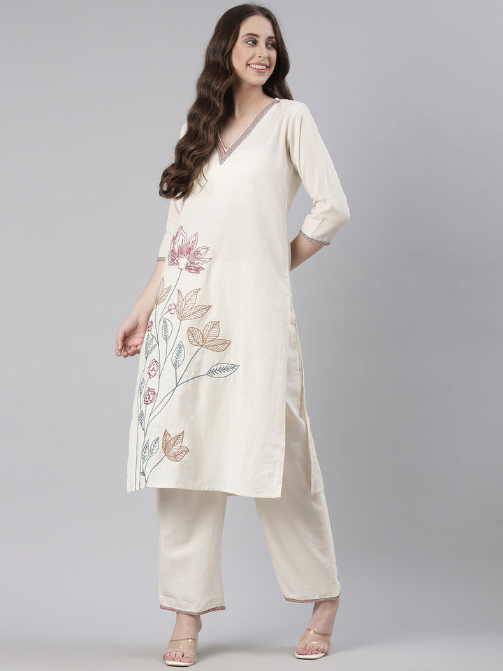 Neerus Cream Embroidered Straight Kurta and Trousers