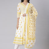 Neerus Mustard Printed Straight Kurta and Trousers With Dupatta