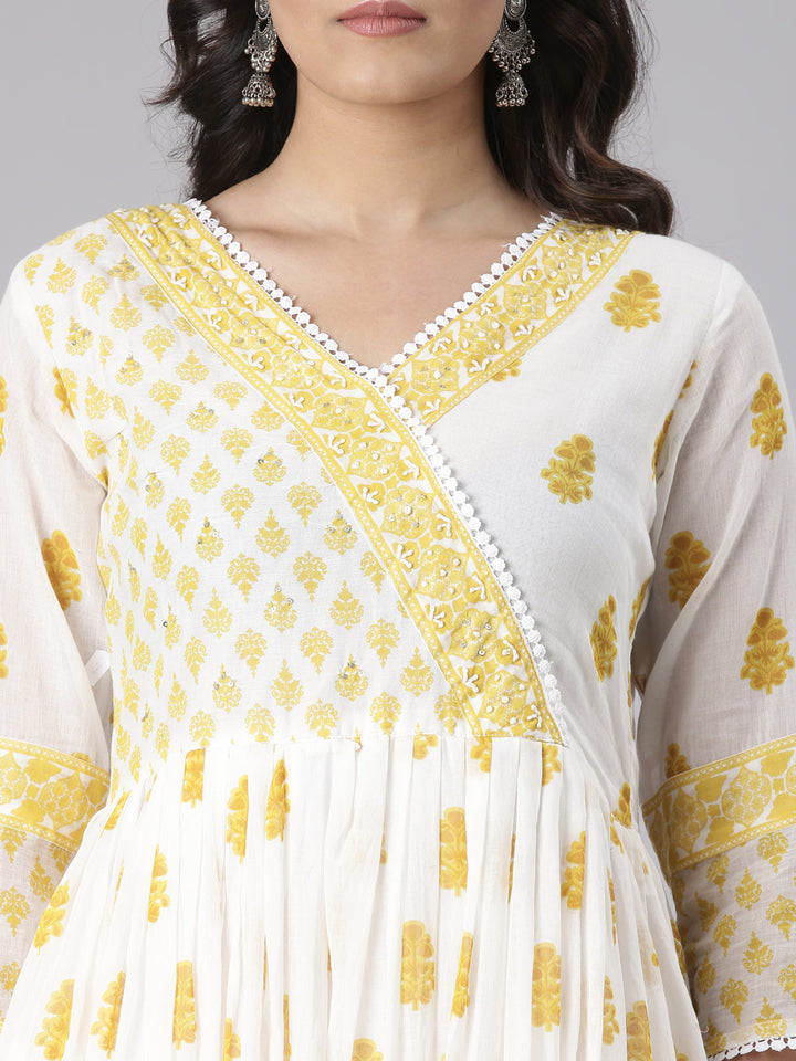 Neerus Mustard Printed Straight Kurta and Trousers With Dupatta