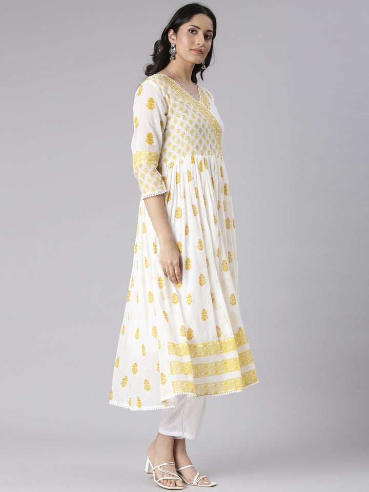Neerus Mustard Printed Straight Kurta and Trousers With Dupatta