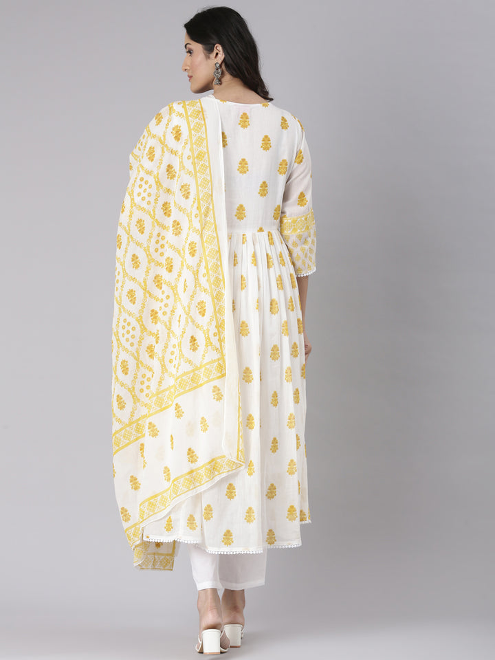 Neerus Mustard Printed Straight Kurta and Trousers With Dupatta