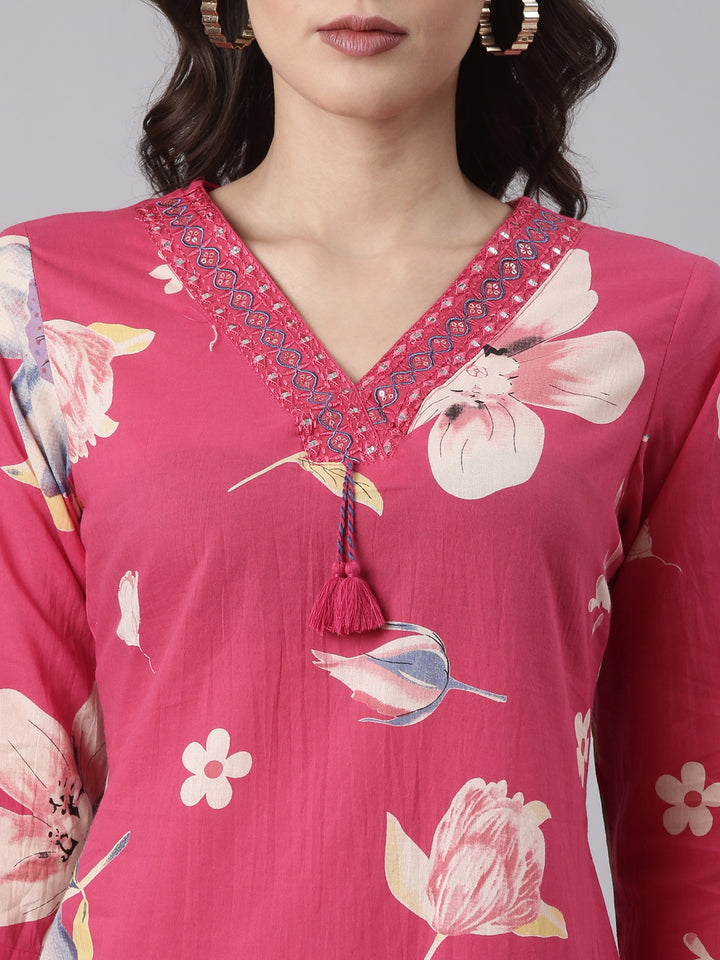 Magenta Cotton Printed Three Piece Set