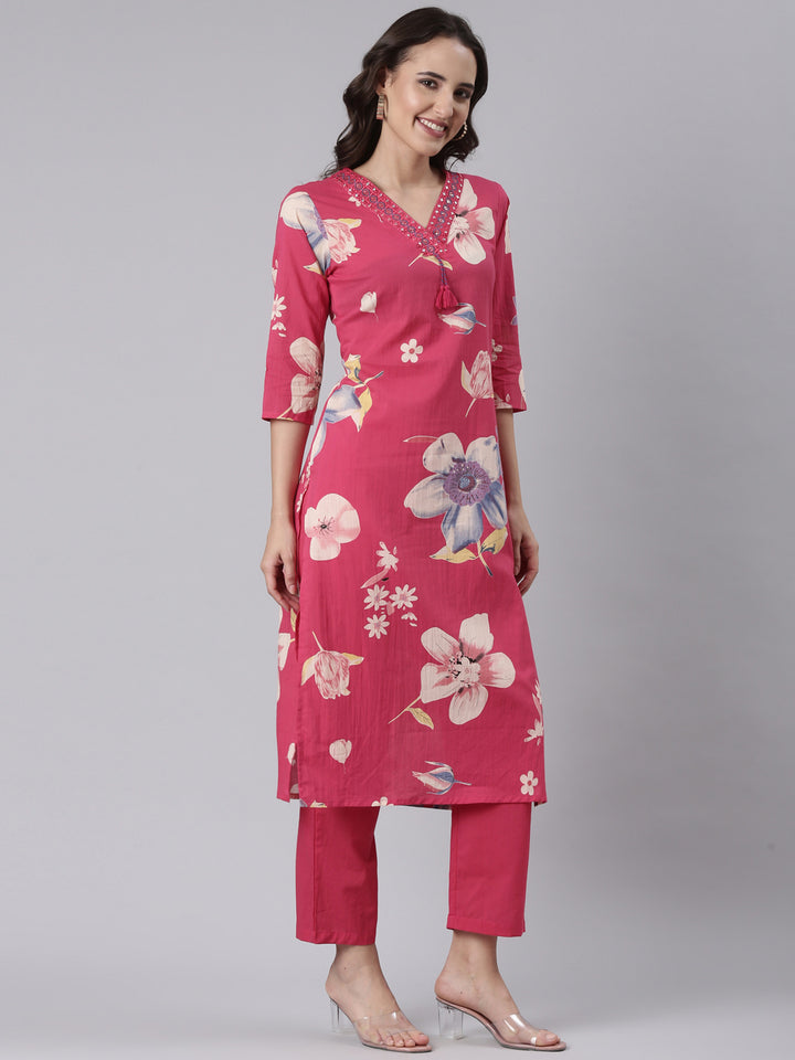 Magenta Cotton Printed Three Piece Set
