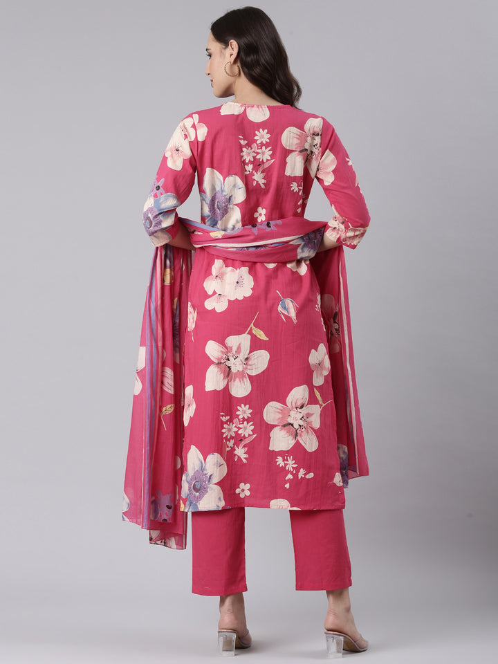 Magenta Cotton Printed Three Piece Set