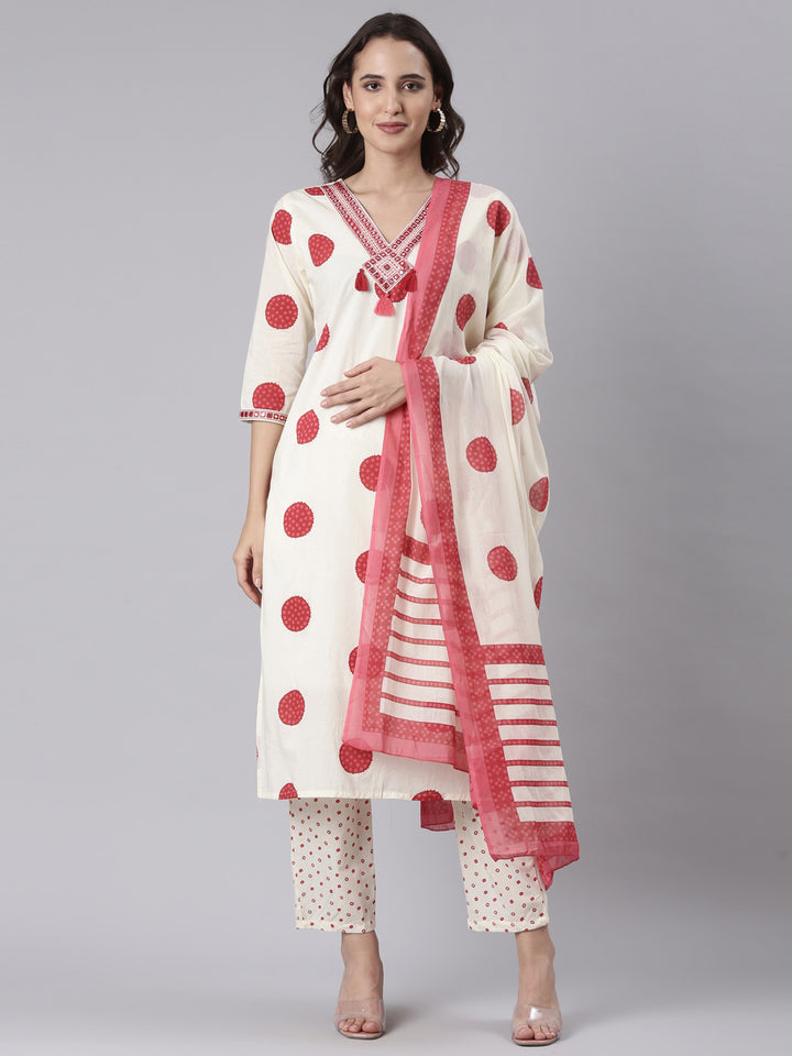 Cream Cotton Printed Three Piece Set