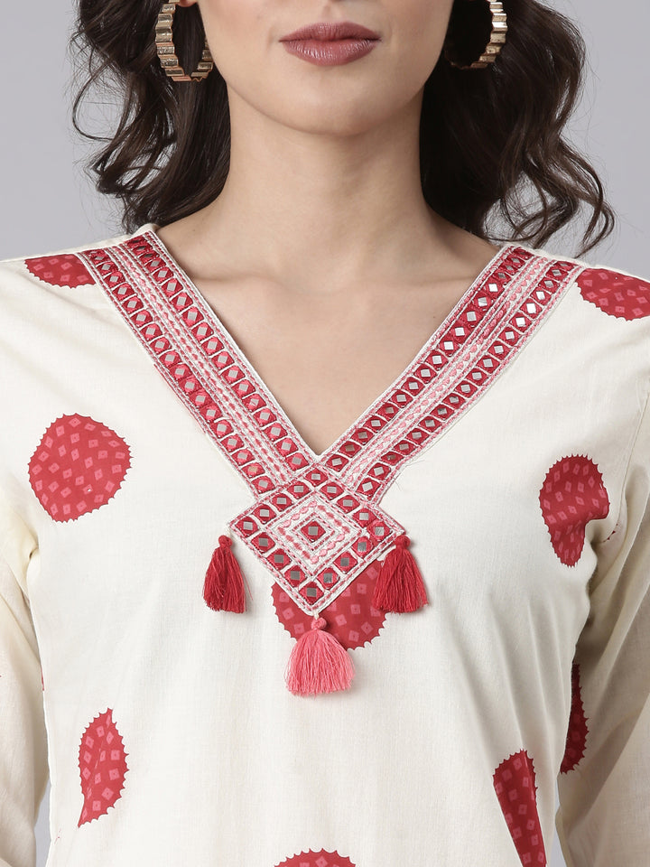 Cream Cotton Printed Three Piece Set