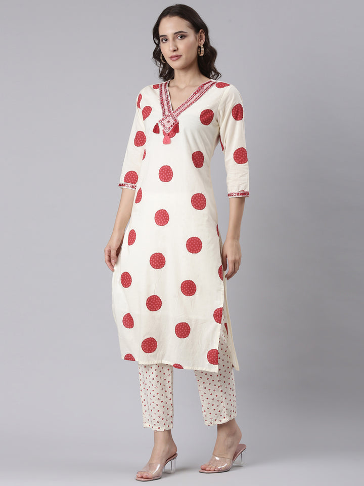 Cream Cotton Printed Three Piece Set