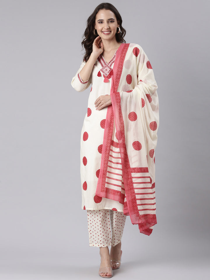 Cream Cotton Printed Three Piece Set