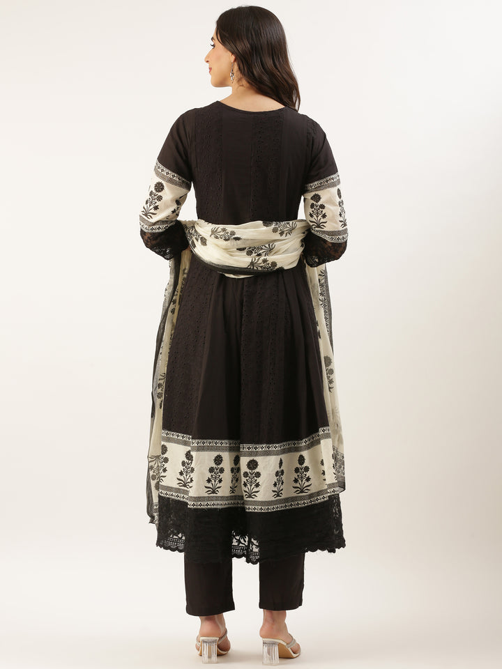Black Chikan Anarkali Three Piece Suit Set