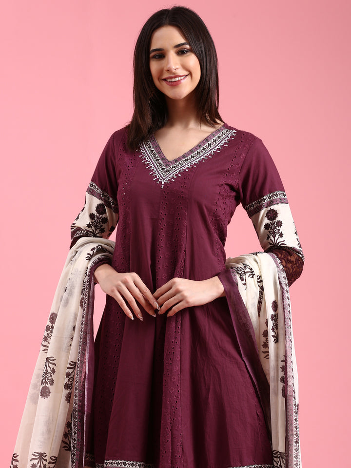 Grape Chikan Anarkali Three Piece Suit Set