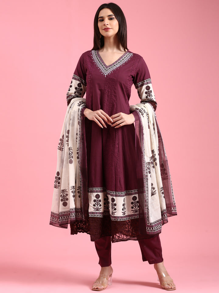 Grape Chikan Anarkali Three Piece Suit Set