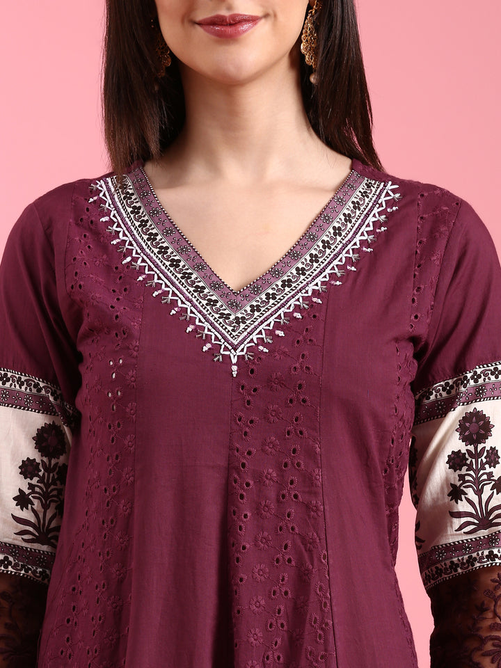 Grape Chikan Anarkali Three Piece Suit Set