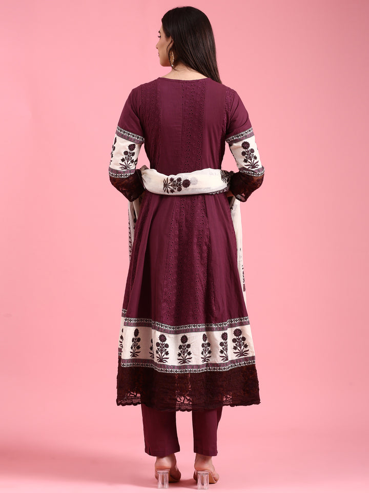 Grape Chikan Anarkali Three Piece Suit Set