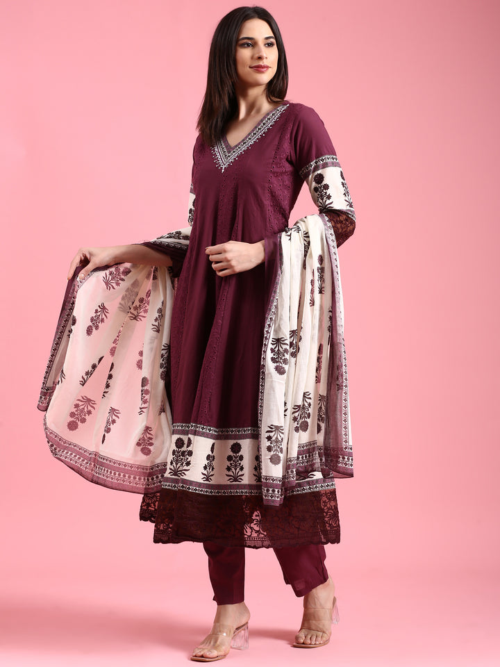 Grape Chikan Anarkali Three Piece Suit Set