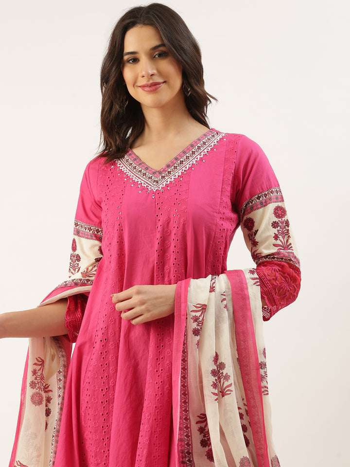 Pink Chikan Anarkali Three Piece Suit Set