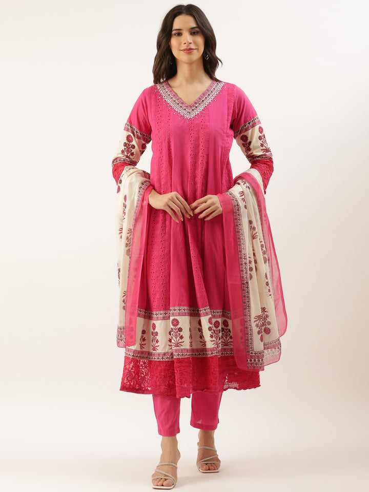 Pink Chikan Anarkali Three Piece Suit Set