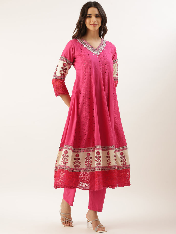 Pink Chikan Anarkali Three Piece Suit Set