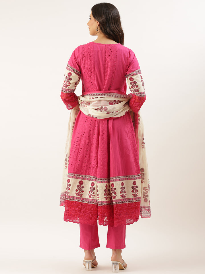 Pink Chikan Anarkali Three Piece Suit Set
