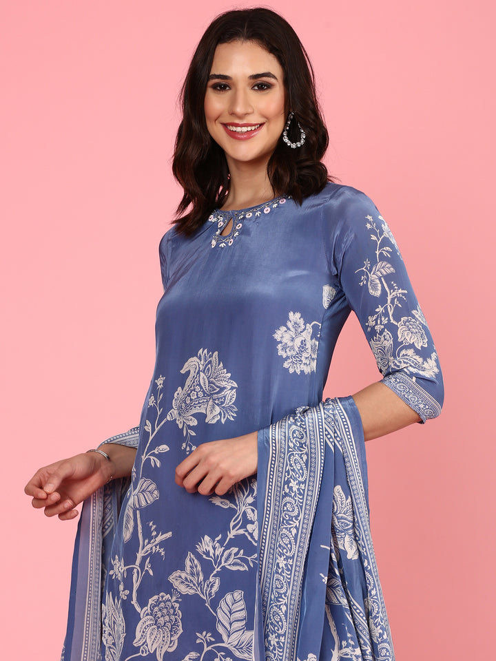 Blue Crepe Digital printed three piece suit Set