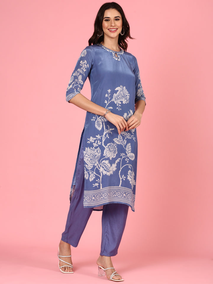 Blue Crepe Digital printed three piece suit Set