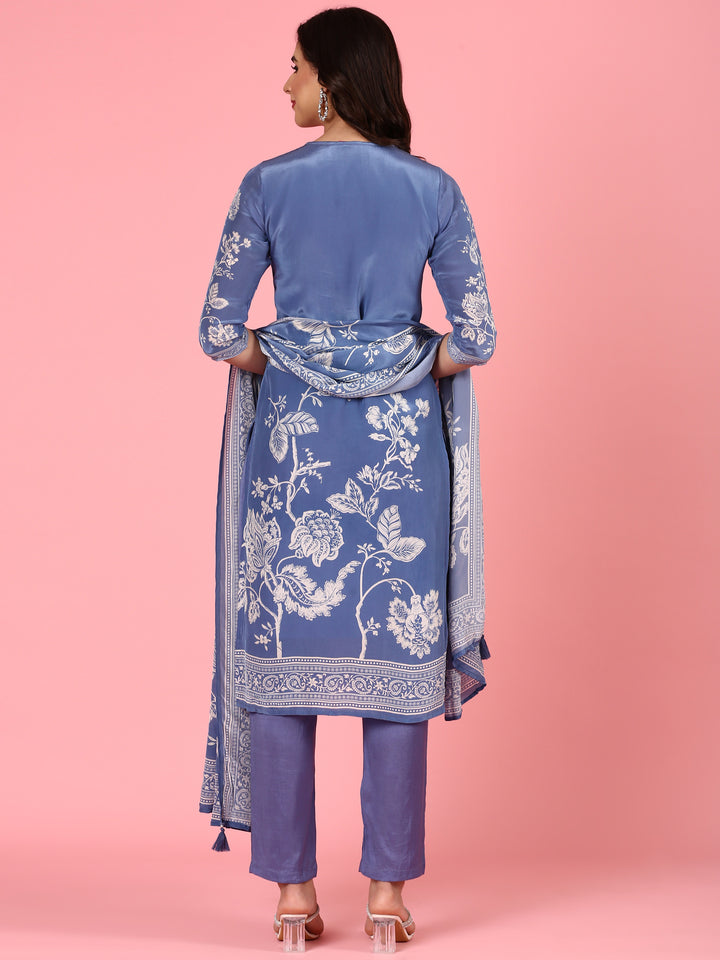 Blue Crepe Digital printed three piece suit Set