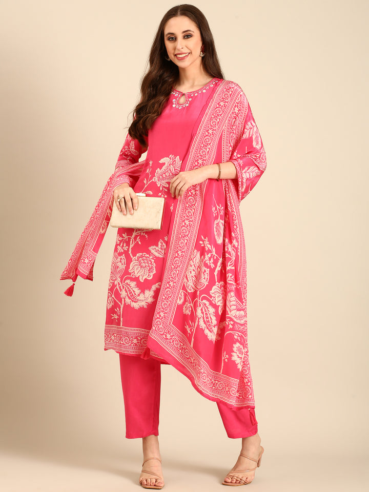 Rani crepe digital printed hand embroidery three piece suit set