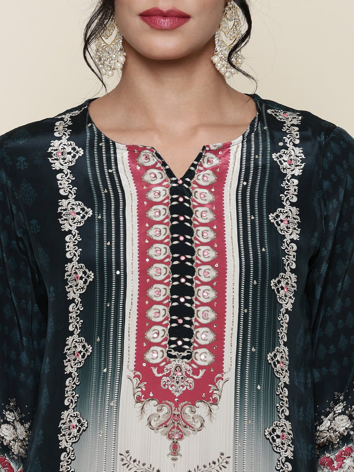 Deep Green Crepe Digital printed Three piece suit set