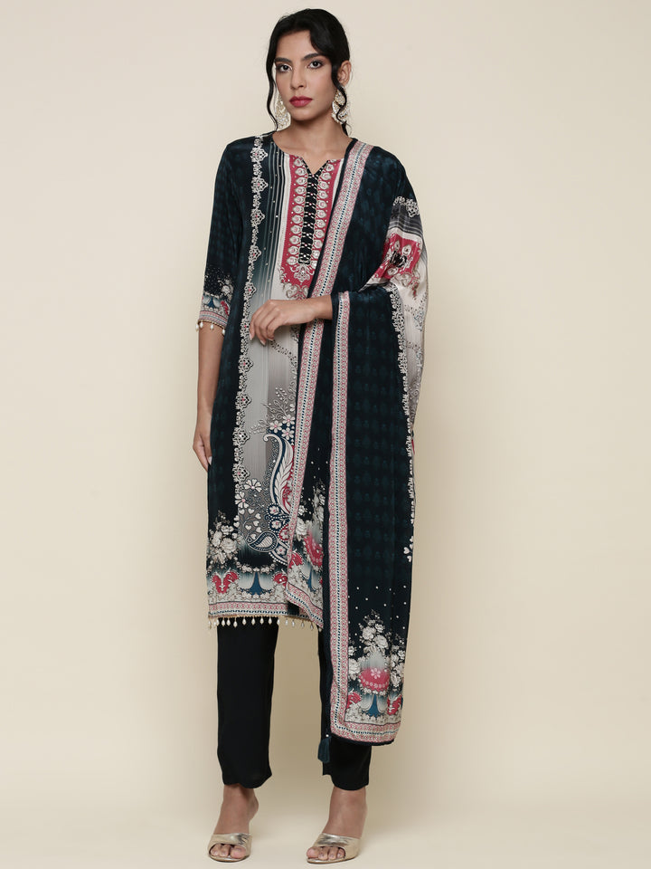 Deep Green Crepe Digital printed Three piece suit set