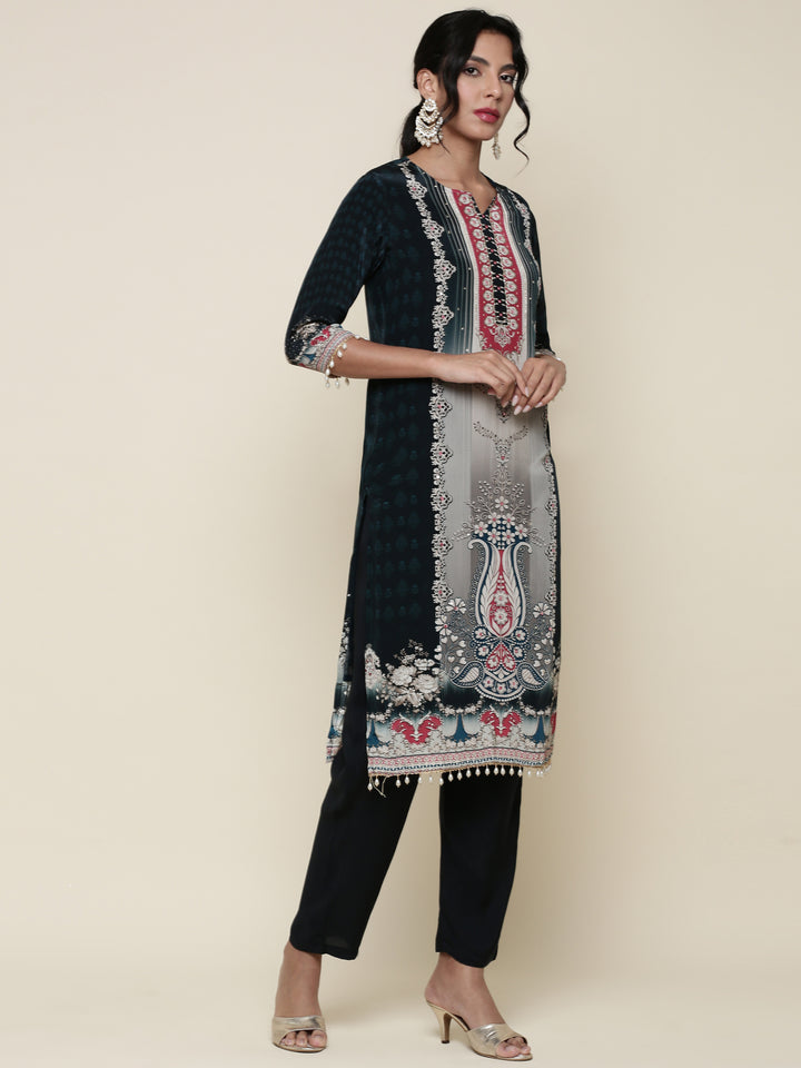 Deep Green Crepe Digital printed Three piece suit set