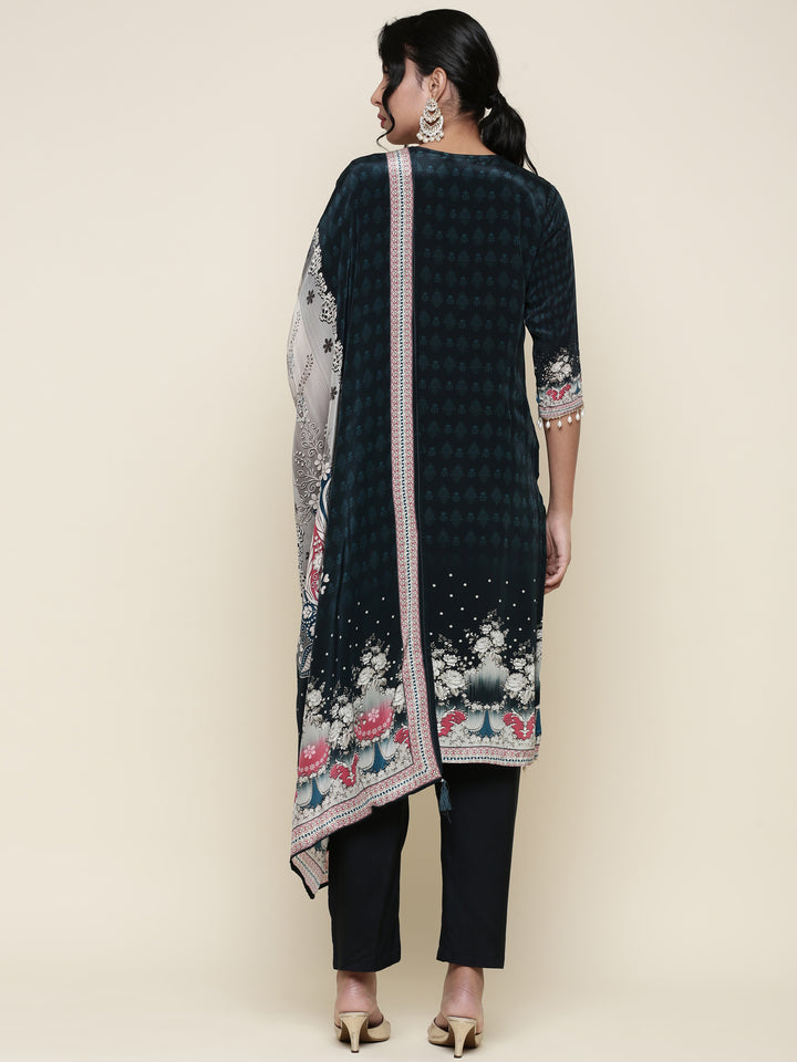 Deep Green Crepe Digital printed Three piece suit set